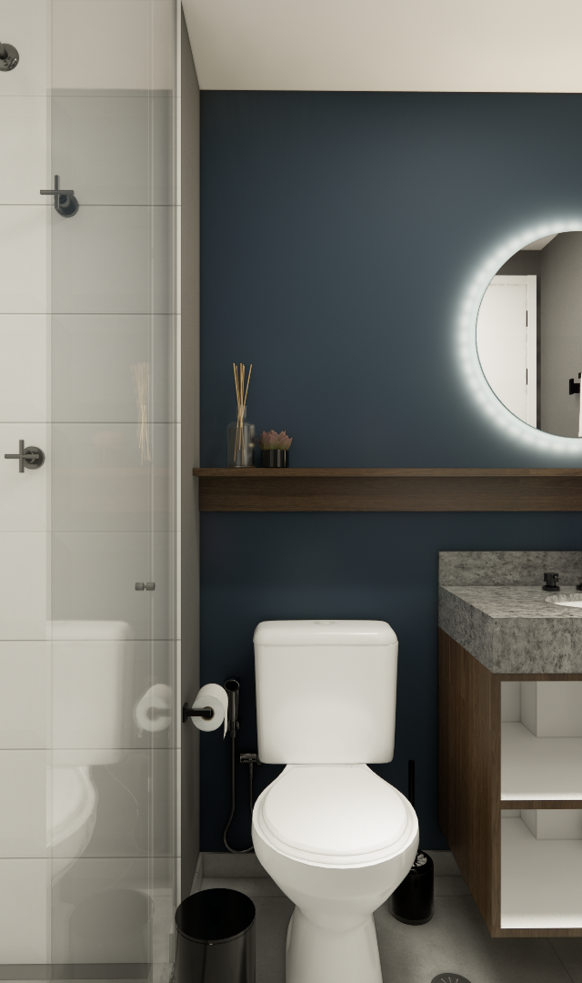 Render 3D de banheiro pequeno com parede azul-marinho, espelho redondo iluminado, bancada em granito e metais pretos
