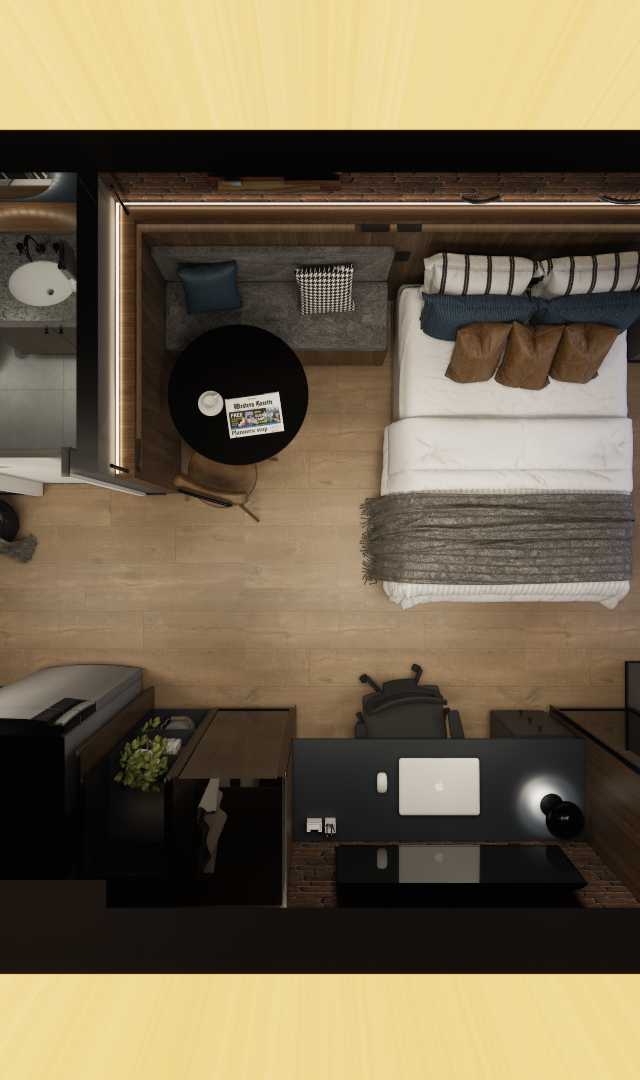 Planta baixa 3D de apartamento 29m² com sala, cama, cozinha integrada, banheiro e mesa de trabalho, tons escuros e madeira