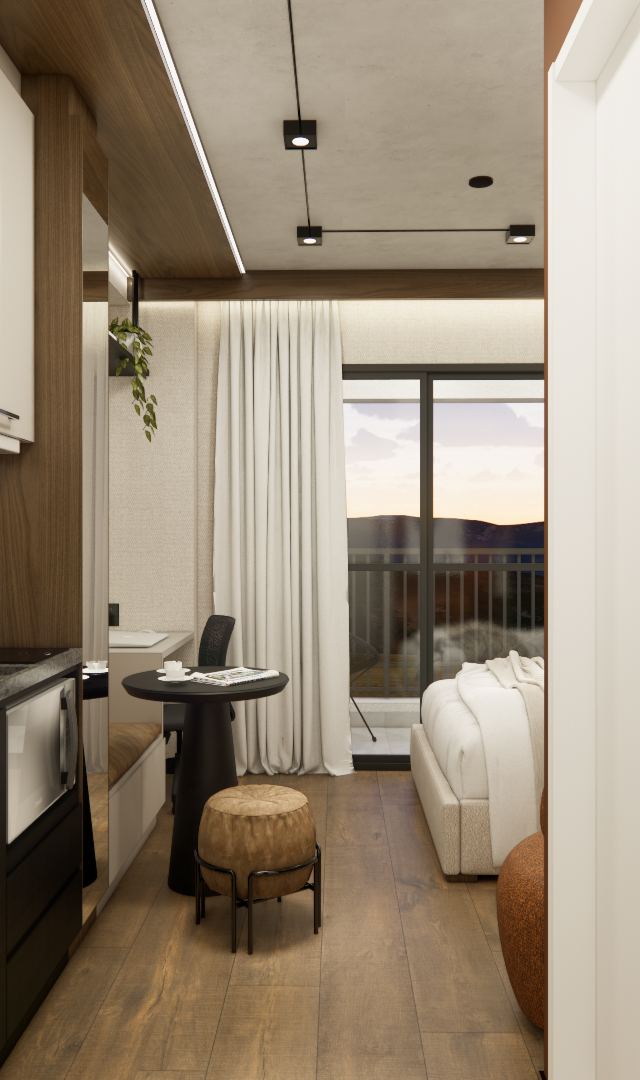 Render 3D de estúdio de 25m² com cozinha linear em tons escuros, marcenaria em madeira, iluminação linear e mesa com pufe