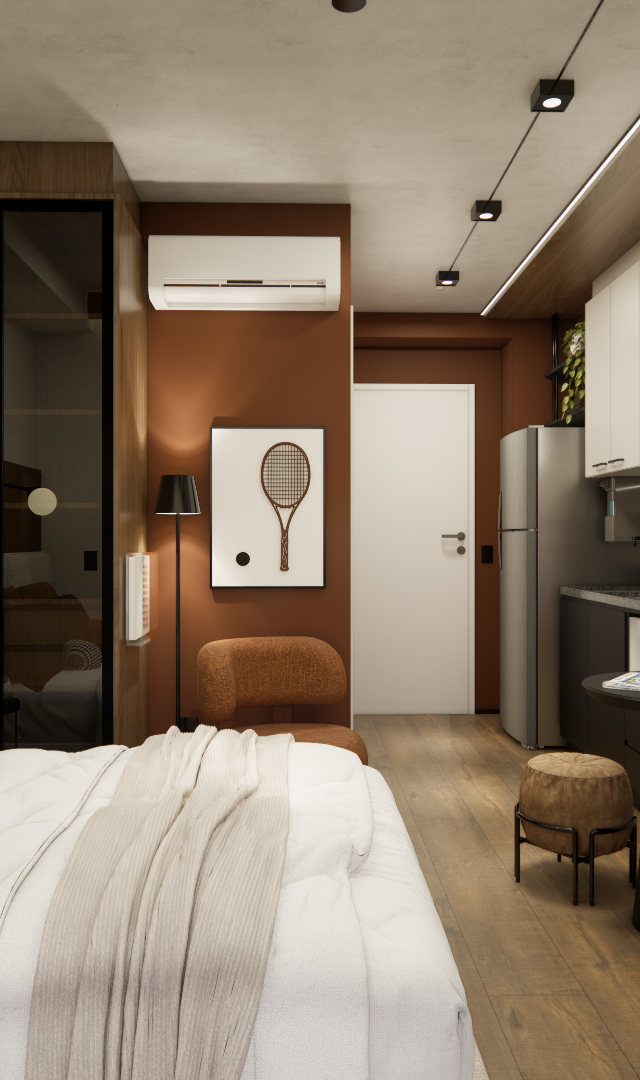 Render 3D do studio no Brooklin com tons terrosos, madeira, cama, cozinha compacta, mesa de refeição e iluminação indireta