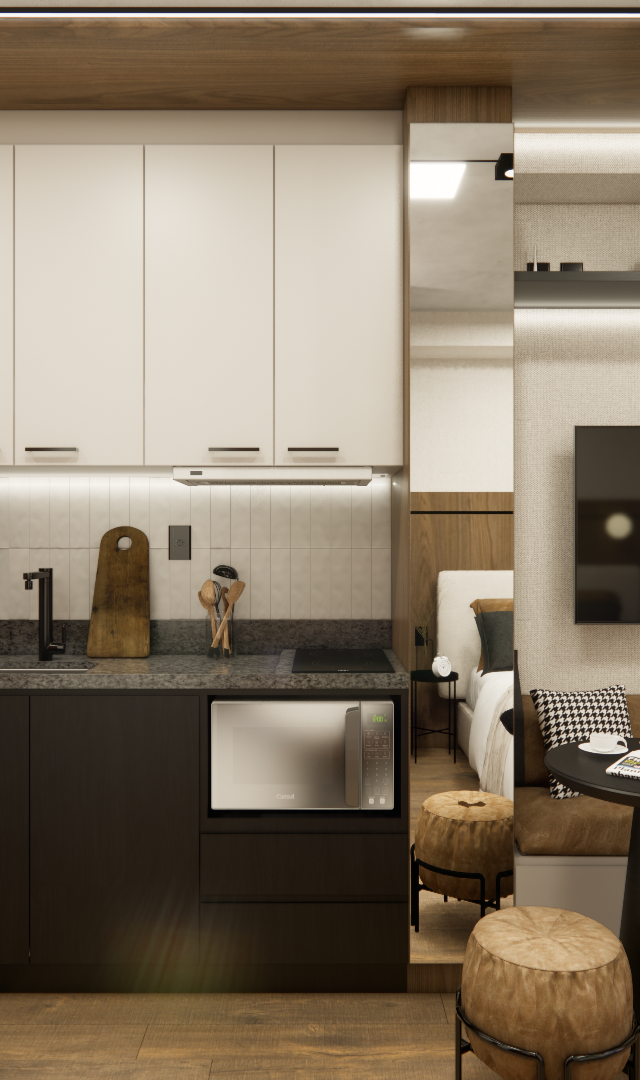 Render 3D de estúdio no Brooklin com cozinha compacta, marcenaria em tons de madeira, branco e preto, e iluminação linear