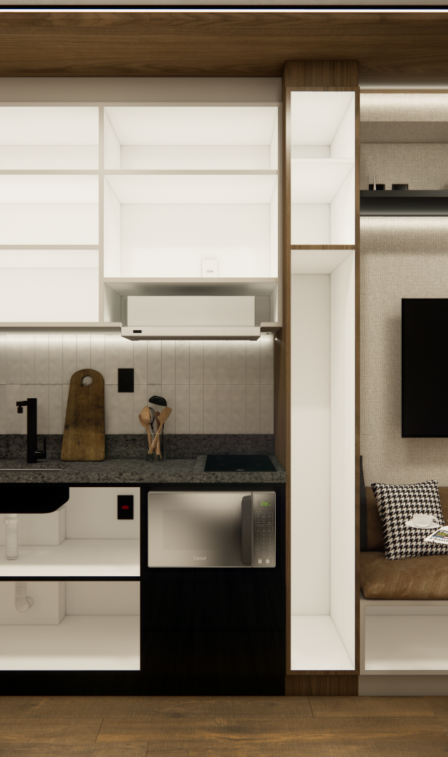 Render 3D de cozinha compacta e home office, marcenaria em tons de madeira, branco e preto, iluminação embutida e led