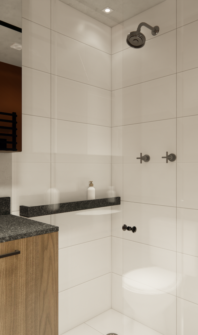 Render 3D de banheiro compacto com bancada em granito, marcenaria amadeirada, box em vidro, revestimento branco e cinza