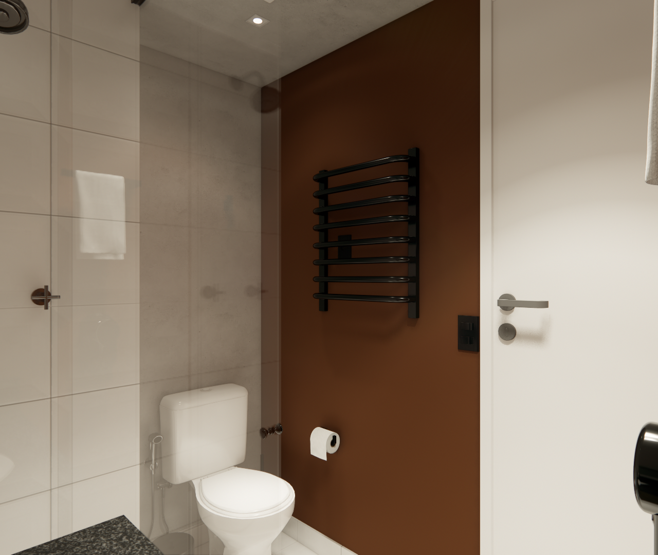 Render 3D de banheiro compacto com parede marrom, metais pretos, revestimento claro e iluminação embutida no teto