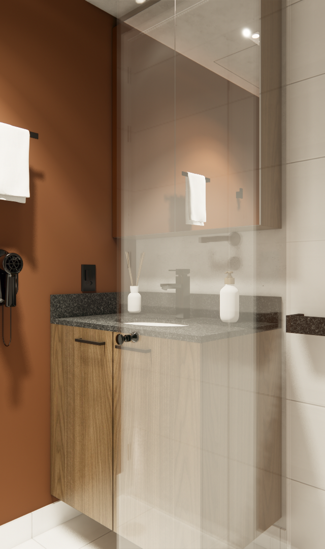 Render 3D de banheiro compacto no Zip Brooklin com parede terracota, gabinete de madeira, bancada em granito e azulejo branco