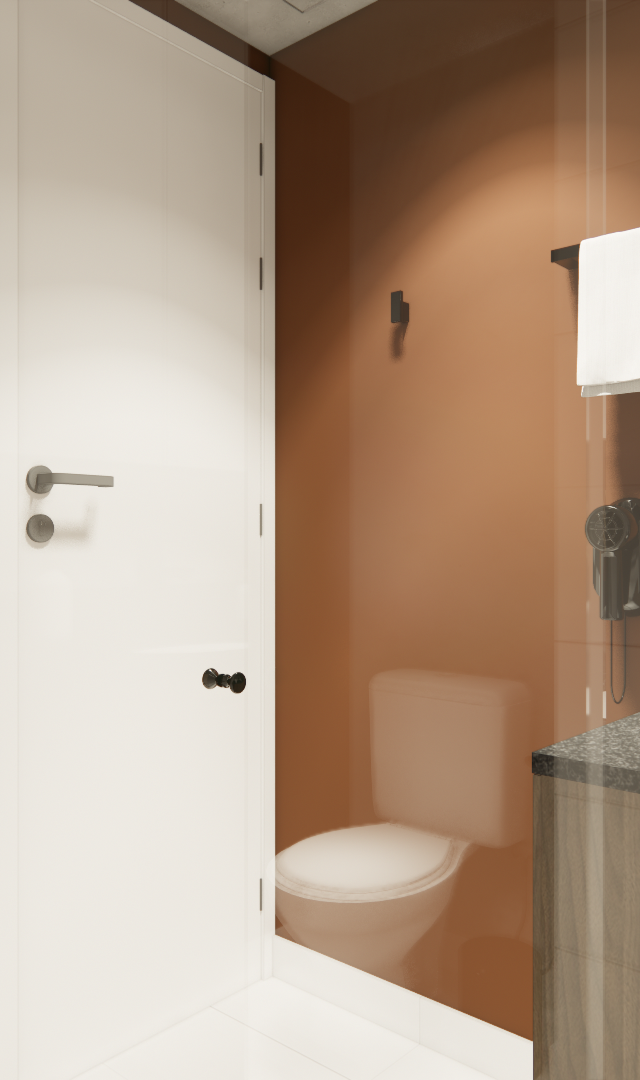 Render 3D de banheiro compacto com paredes terracota, bancada em granito escuro, marcenaria amadeirada e porta branca