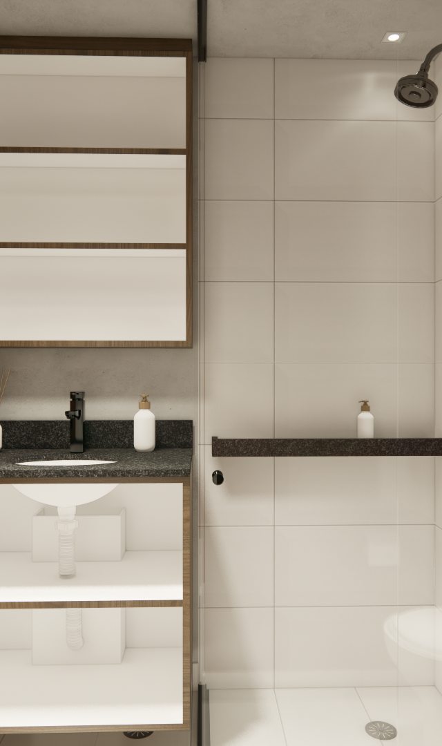 Render 3D de banheiro compacto no Brooklin com parede terracota, marcenaria aberta, bancada em pedra escura e box branco