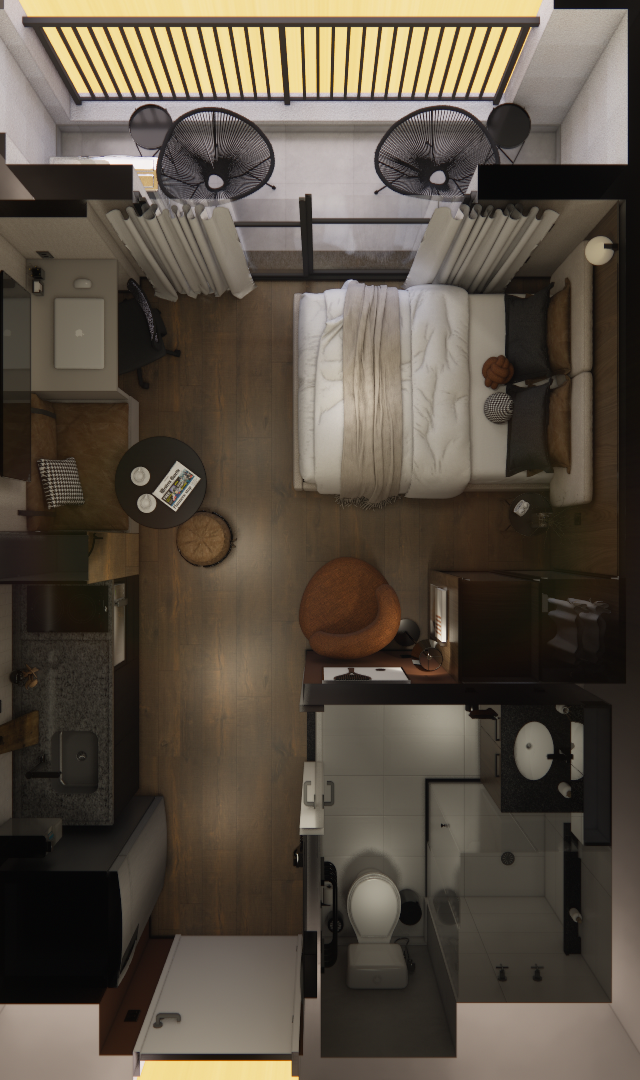 Planta 3D vista superior do EA ZIP Brooklin: estúdio de 25m² com cama, cozinha linear, banheiro e varanda com poltronas