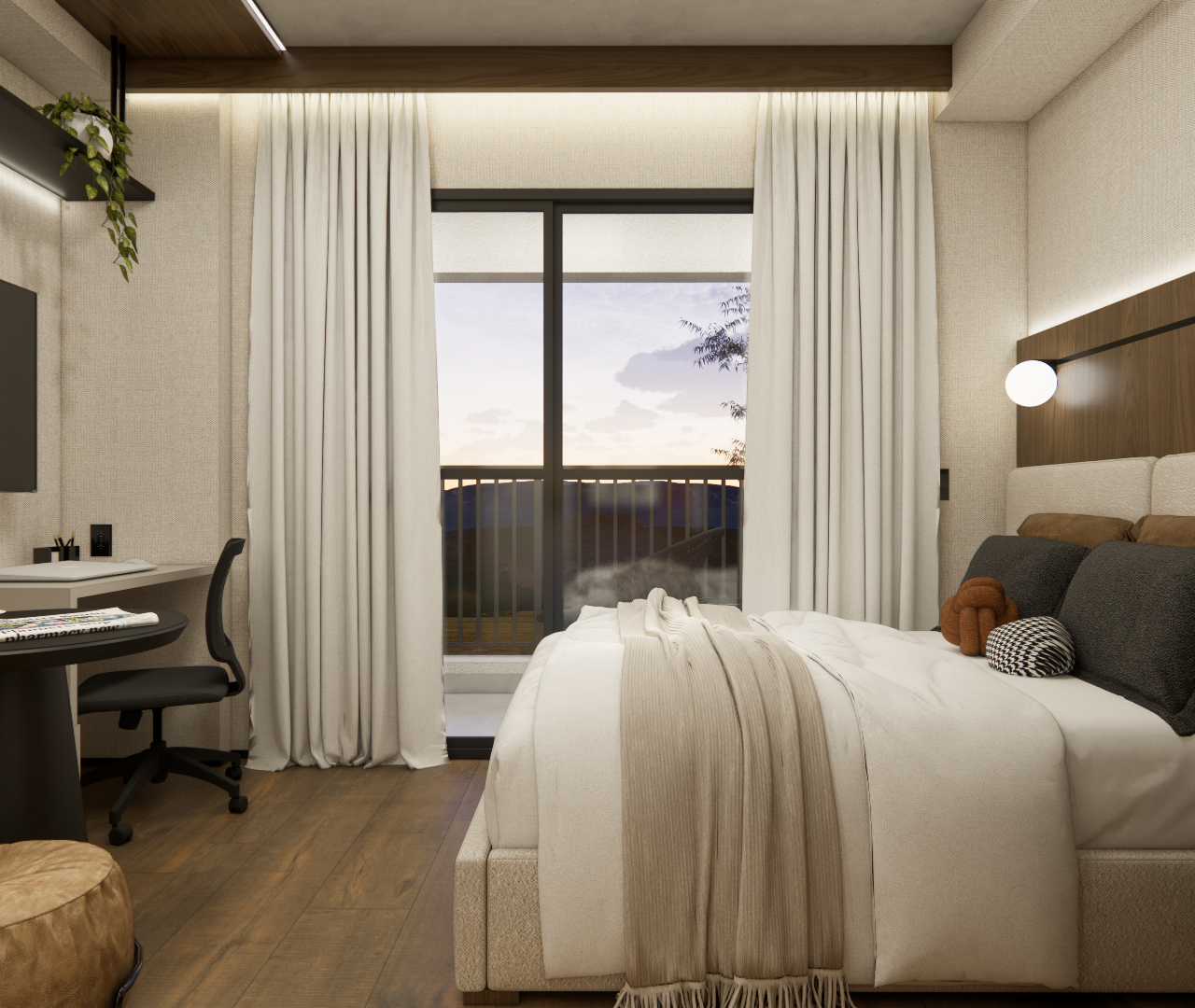 Render 3D de quarto compacto no Brooklin com cama, mesa de trabalho, tons neutros, madeira e iluminação indireta quente