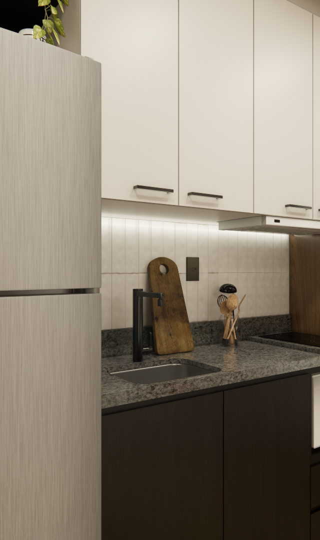 Render 3D de cozinha compacta com marcenaria em tons de branco e madeira, bancada em pedra escura e iluminação indireta