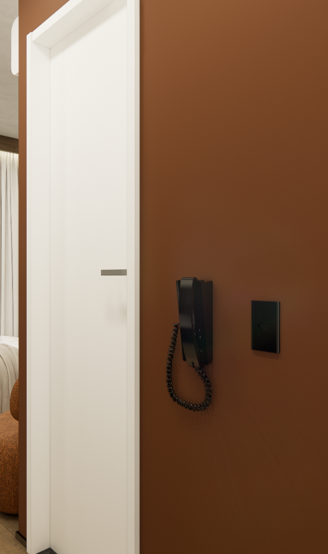 Render 3D de estúdio no Brooklin com parede marrom, interfone, TV, porta branca, cama, mesa e poltrona com luz natural