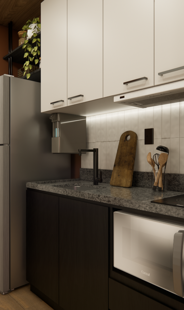 Render 3D de cozinha compacta com marcenaria em tons de preto e branco, paredes terracota, iluminação LED e poltrona laranja