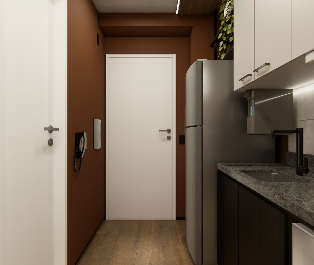 3D de cozinha compacta no Brooklin com parede terracota, armários brancos, bancada em granito e iluminação sob os móveis