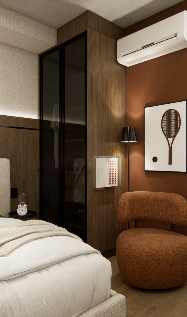 Render 3D de quarto compacto no Brooklin com painel amadeirado, parede terracota, poltrona, iluminação indireta e aconchegante