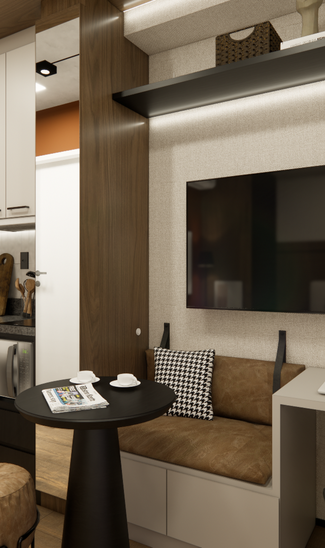 Render 3D de sala e cozinha integrada, tons terrosos, marcenaria em madeira e preta, mesa e bancada de trabalho no Brooklin