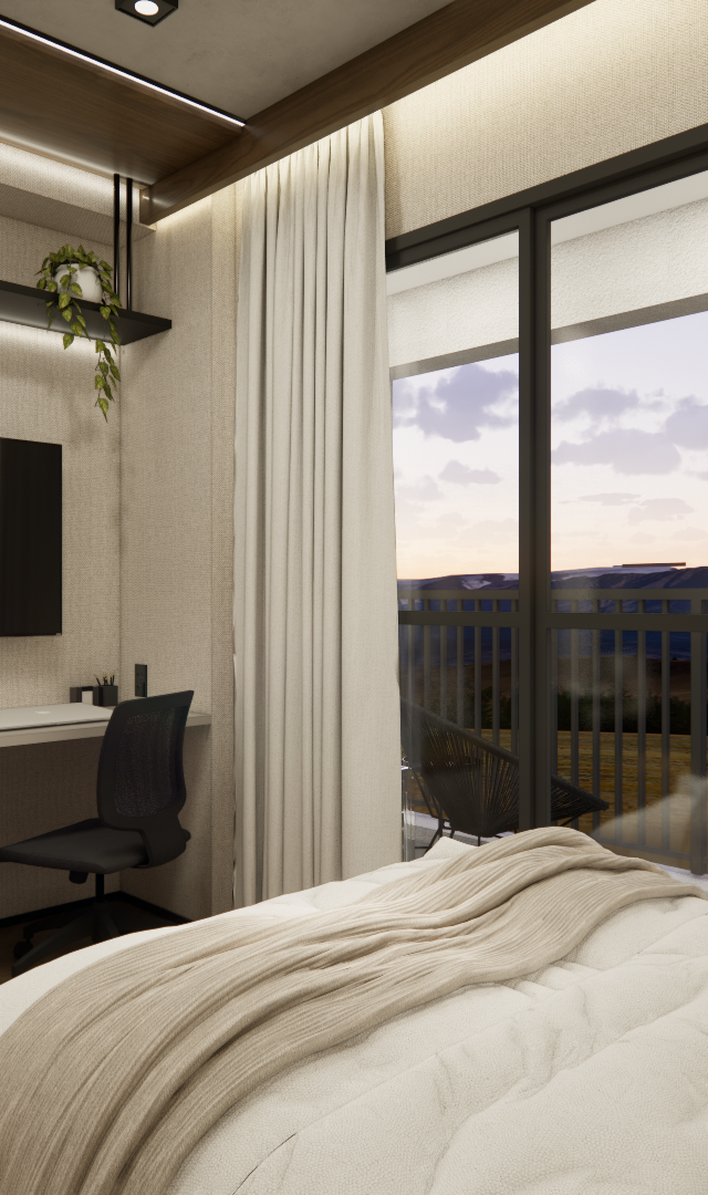 Render 3D de quarto compacto no Brooklin com tons neutros, cama, área de trabalho integrada, marcenaria e iluminação led
