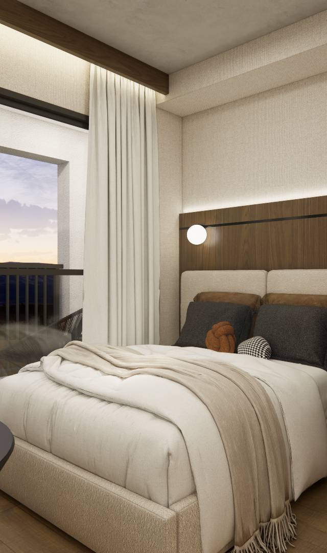 Render 3D de dormitório compacto com cama, painel em madeira, poltrona terracota, mesa preta e vista externa por varanda