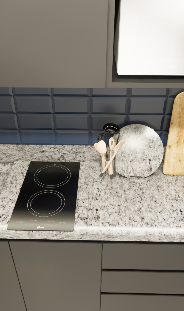 Render 3D de cozinha compacta com marcenaria cinza, bancada de granito claro, cooktop e revestimento em azulejo azul escuro