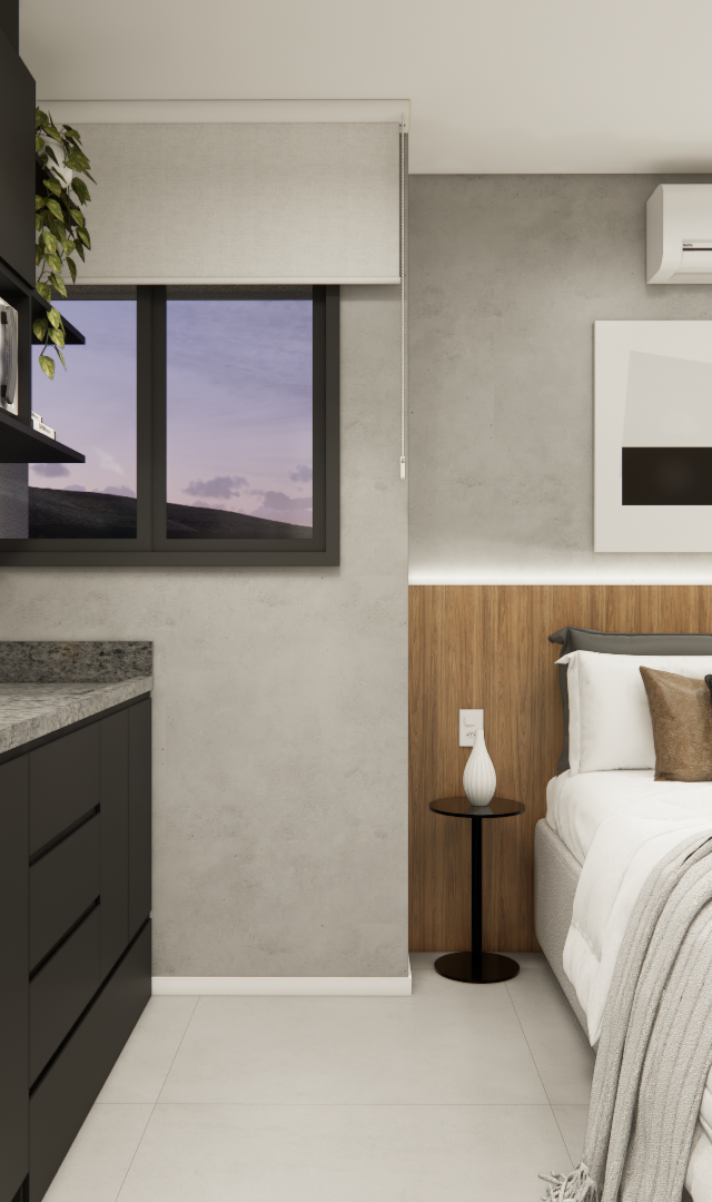 Render 3D de estúdio com cozinha preta, azulejos azuis e bancada em granito integrada ao quarto com cama e painel amadeirado
