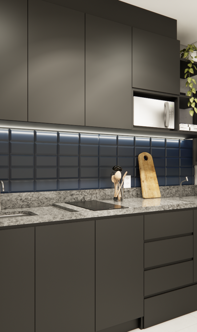 Render de cozinha compacta com armários pretos, bancada em granito, azulejos azul marinho e iluminação em fita de LED