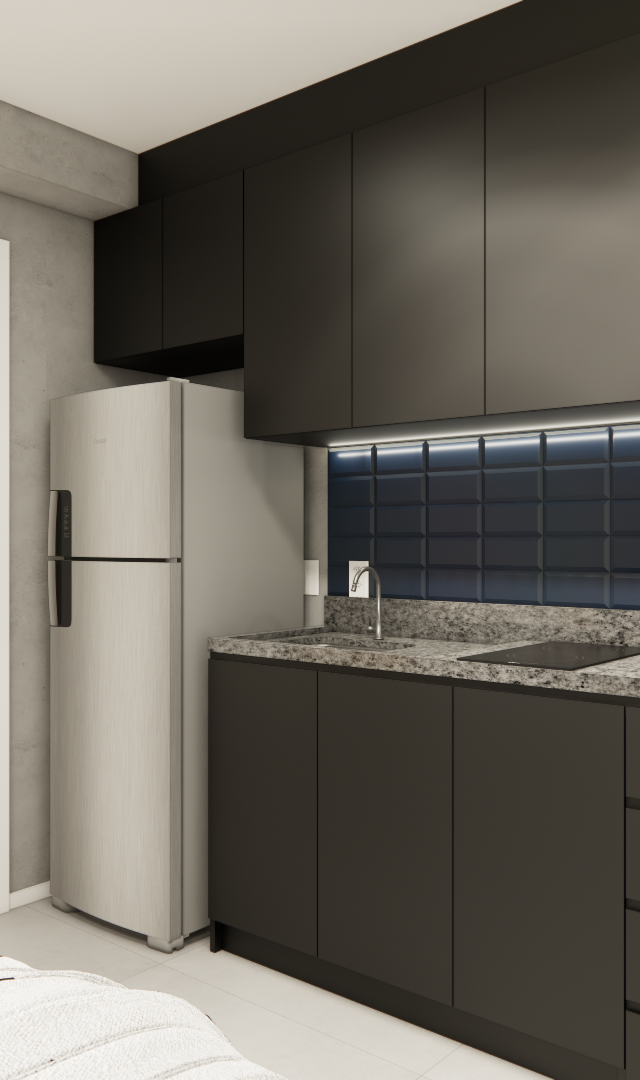 Render 3D de cozinha compacta em estúdio com marcenaria preta, bancada em granito, revestimento azul e iluminação linear