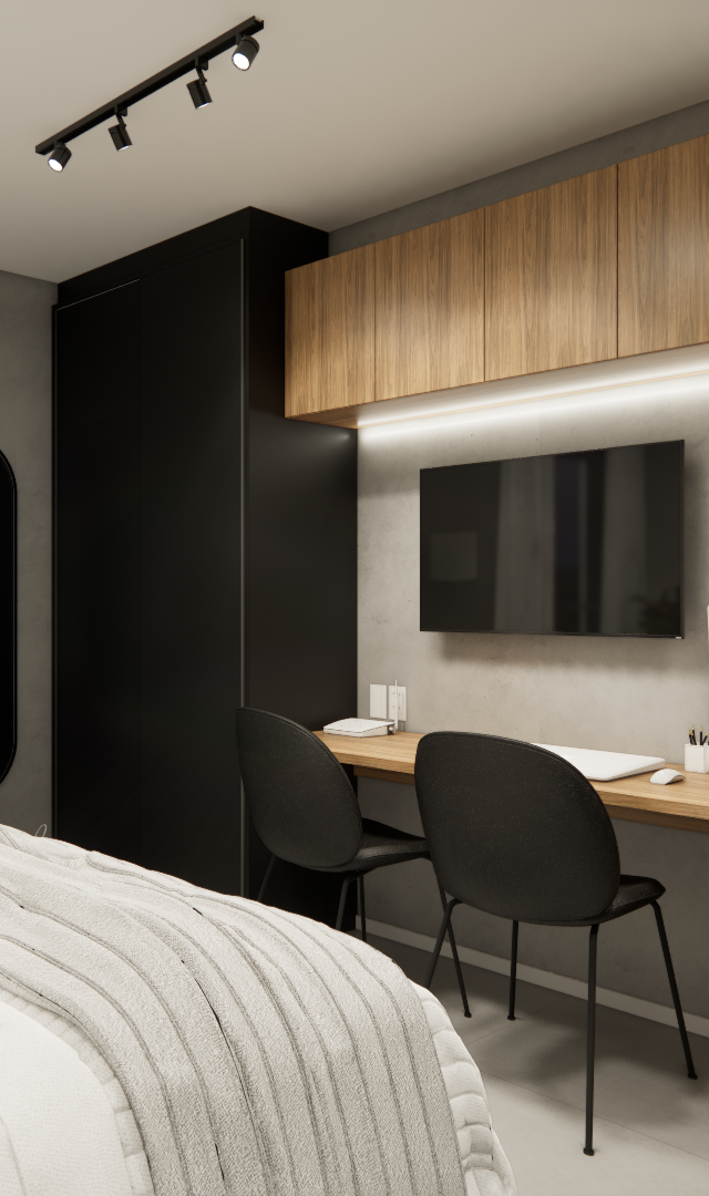 Render 3D de quarto pequeno com paredes cinza, marcenaria em madeira e preta, bancada, TV, espelho oval e iluminação led