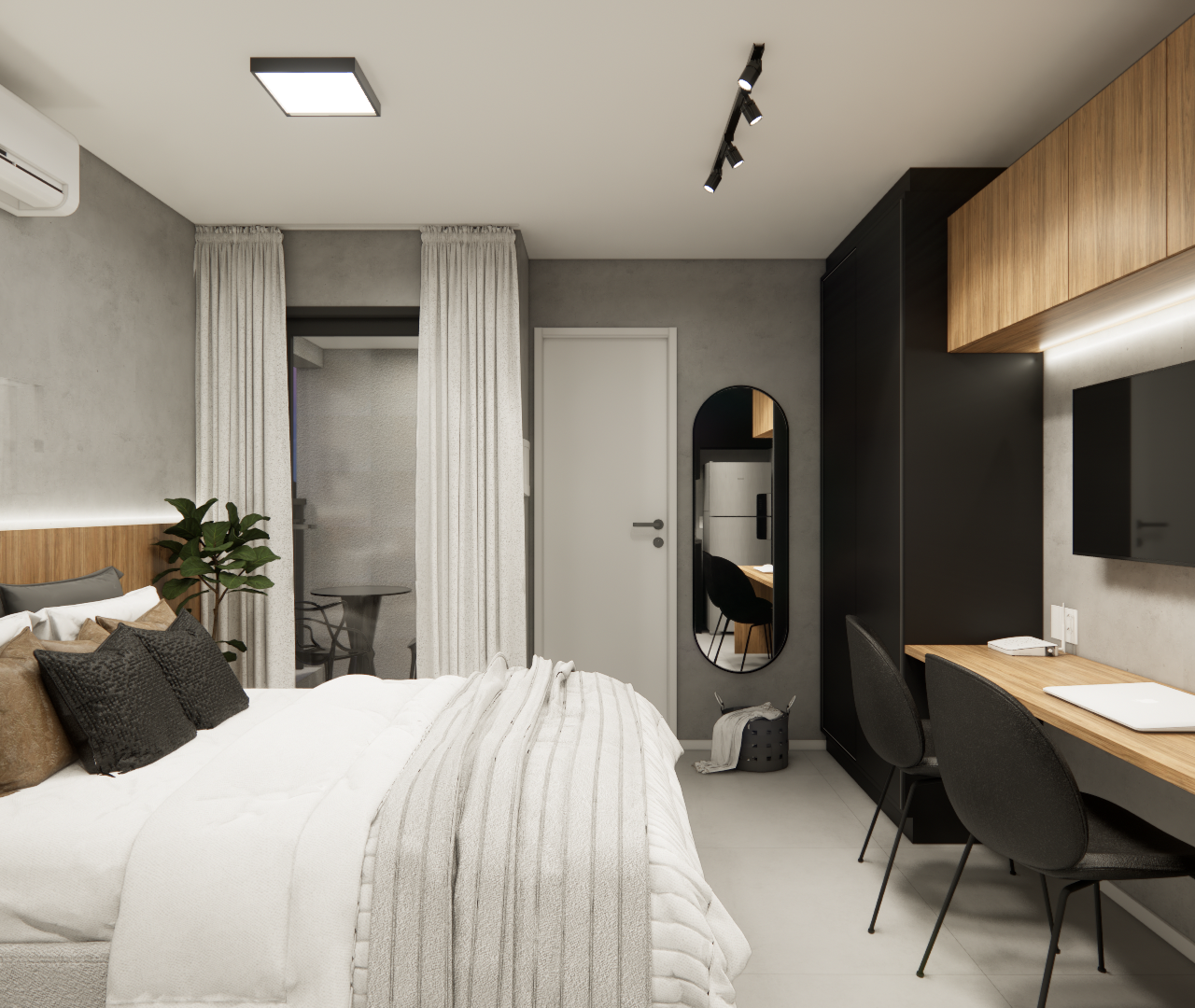 Render 3D de estúdio de 25 m² com tons cinza, marcenaria em madeira, mesa de trabalho, cama, espelho e iluminação indireta
