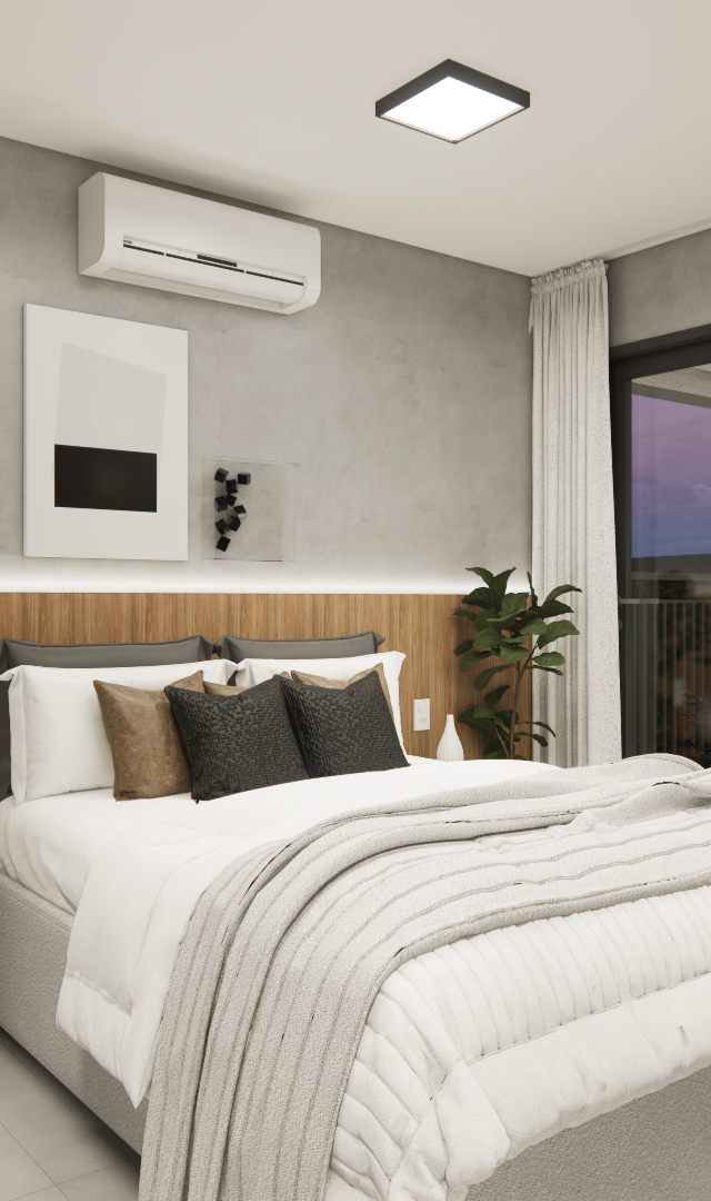Render 3D de quarto pequeno com paredes em cimento queimado, cabeceira amadeirada, cama neutra, cortinas e luz indireta