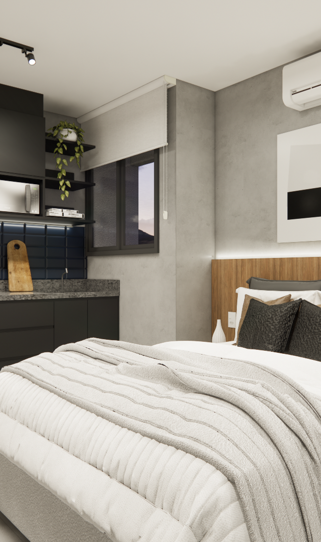 Render 3D de estúdio de 25m² com cozinha preta, parede de cimento queimado, cama com cabeceira de madeira e iluminação LED