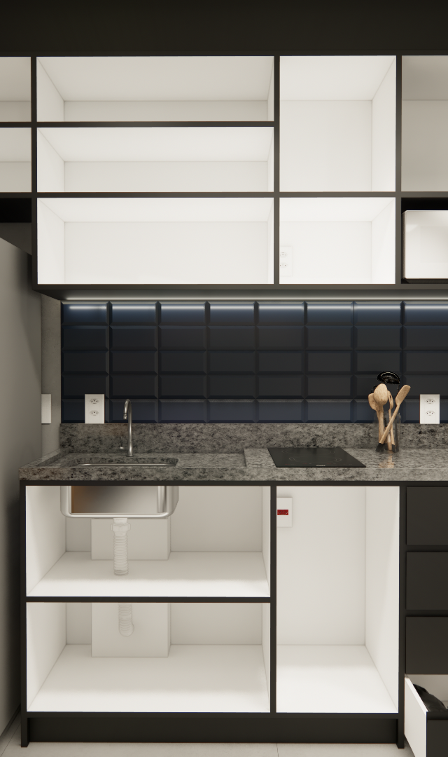 Render 3D de cozinha compacta com marcenaria preta e branca, azulejos azuis, bancada em granito e geladeira de inox