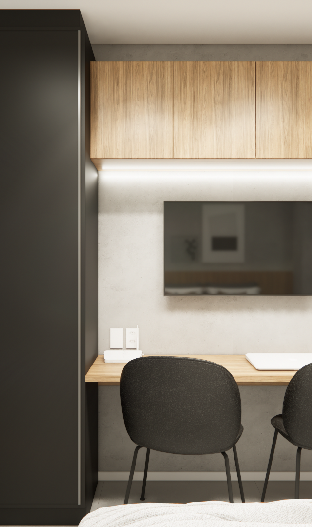Render 3D de estúdio com marcenaria em madeira e preto, mesa, cadeiras, TV, espelho e parede com textura de cimento queimado