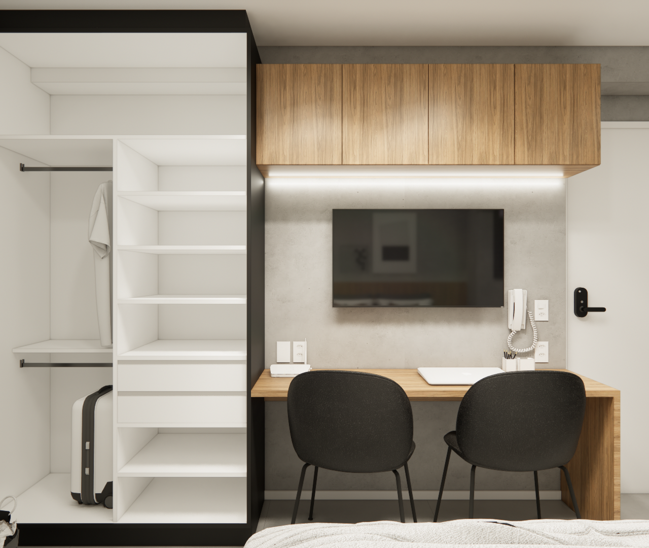 Render 3D de estúdio com marcenaria em madeira e preto, armário aberto, mesa de trabalho, TV e parede em concreto aparente
