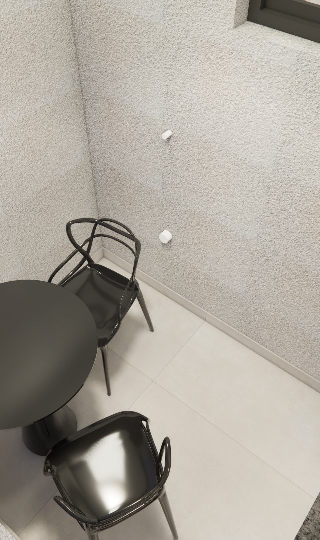 Render 3D de sacada minimalista com mesa redonda e duas cadeiras pretas, paredes texturizadas e piso claro em São Paulo