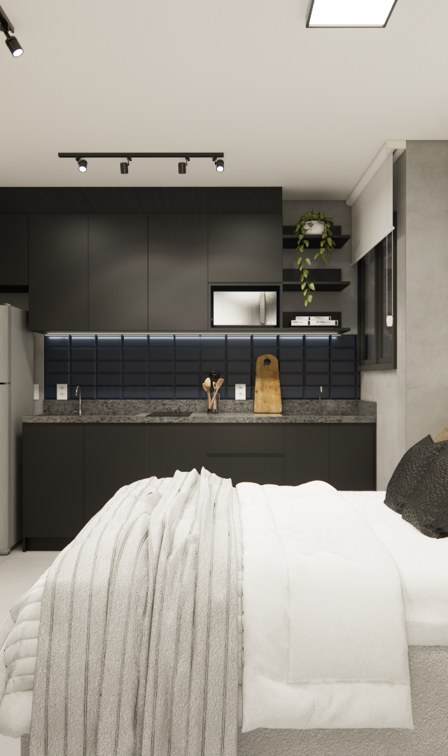 Render 3D de estúdio de 25 m² com cozinha preta, bancada em madeira, cama, parede de concreto e iluminação em trilhos