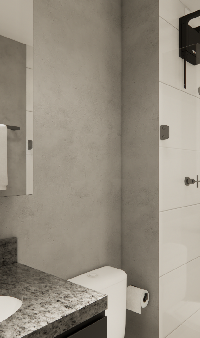 Render 3D de banheiro compacto com bancada em granito escuro, paredes em cimento queimado, metais pretos e azulejos brancos