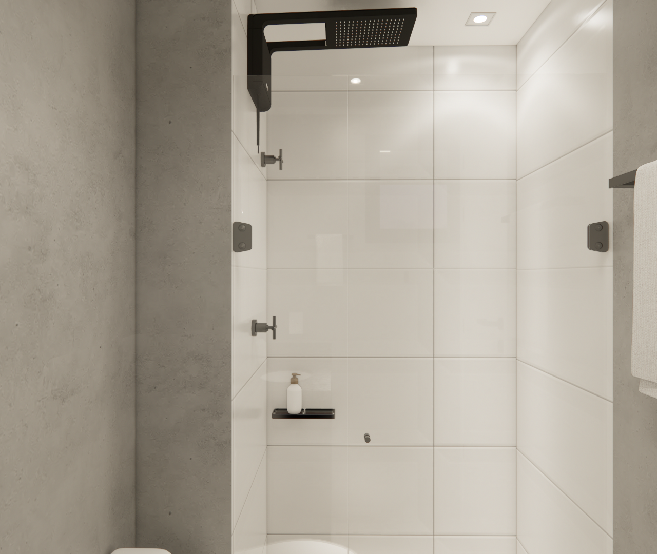 Render 3D de banheiro compacto com paredes em concreto e azulejo branco, metais pretos e iluminação embutida no teto