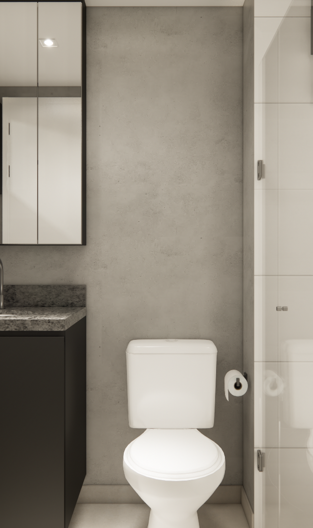 Render 3D de banheiro compacto com parede em cimento queimado, gabinete preto, pia em granito e box de vidro transparente