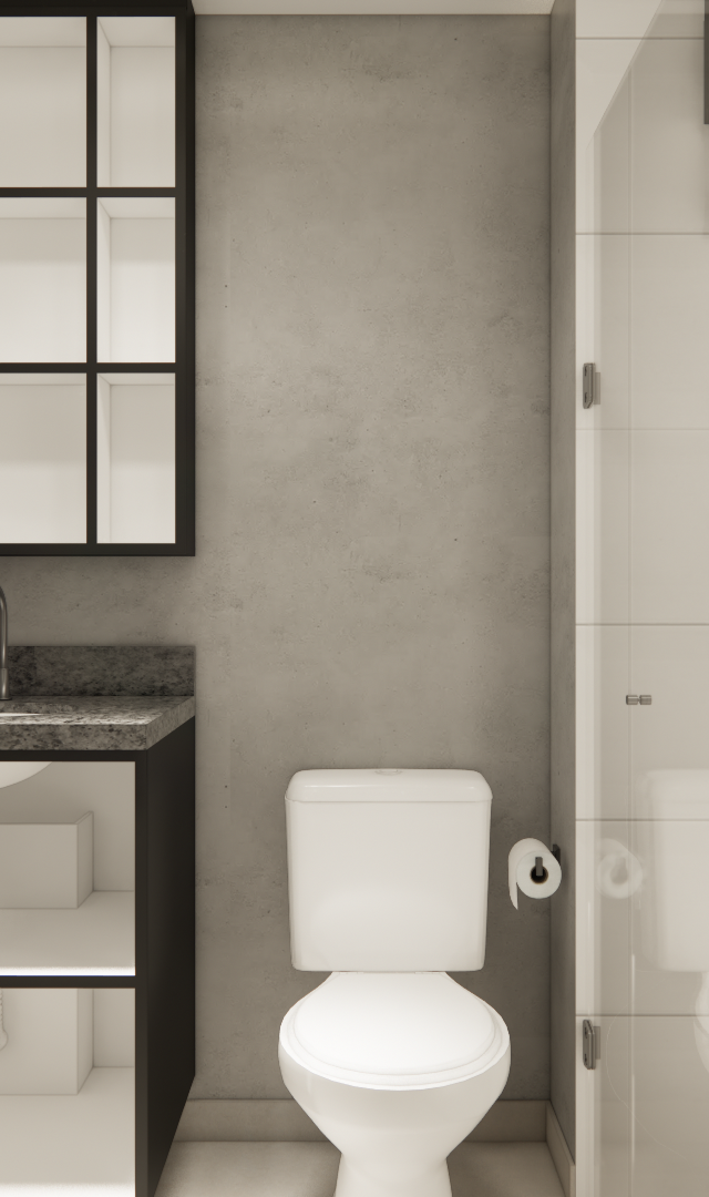 Render 3D de banheiro pequeno com paredes em concreto aparente, marcenaria preta, bancada em granito e box de vidro branco