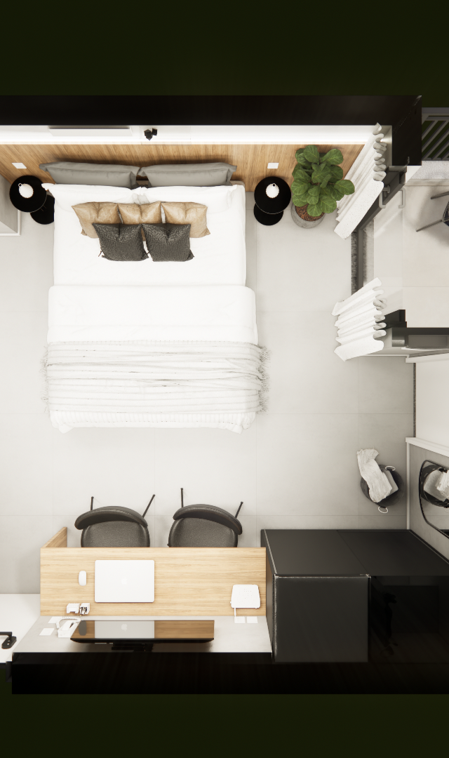 Planta baixa 3D de studio de 25m² com cozinha linear, cama de casal, bancada de trabalho, varanda e banheiro em tons neutros
