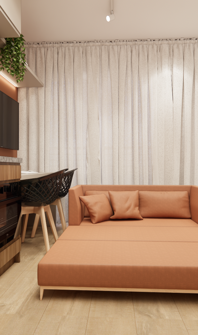 Render 3D de estúdio no Butantã com marcenaria em madeira, sofá-cama terracota, cama, cozinha compacta e luz quente suave