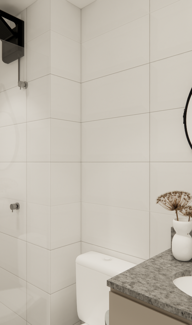 Render 3D de banheiro moderno no projeto EJ - VITAL HOME com azulejos claros, espelho redondo preto e bancada em granito