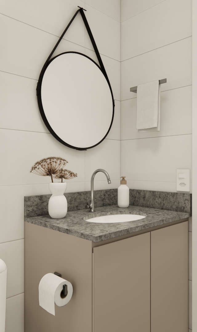 Render 3D de banheiro com marcenaria bege, bancada em granito cinza, espelho redondo suspenso e revestimento branco