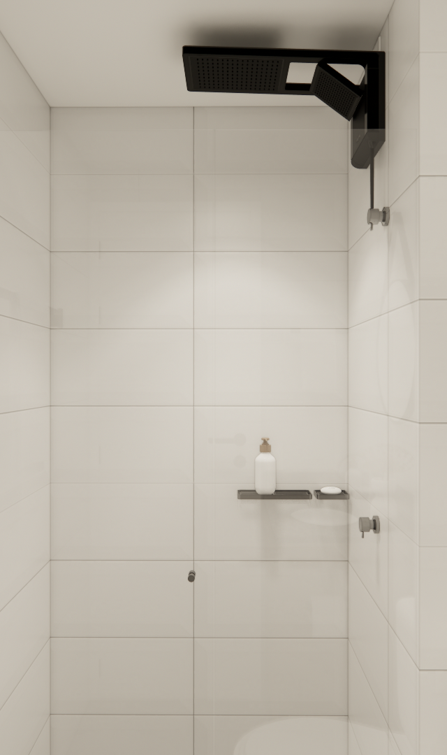 Render 3D de banheiro branco no VITAL HOME com chuveiro preto, metais escuros, nicho com saboneteira e toalheiro cinza