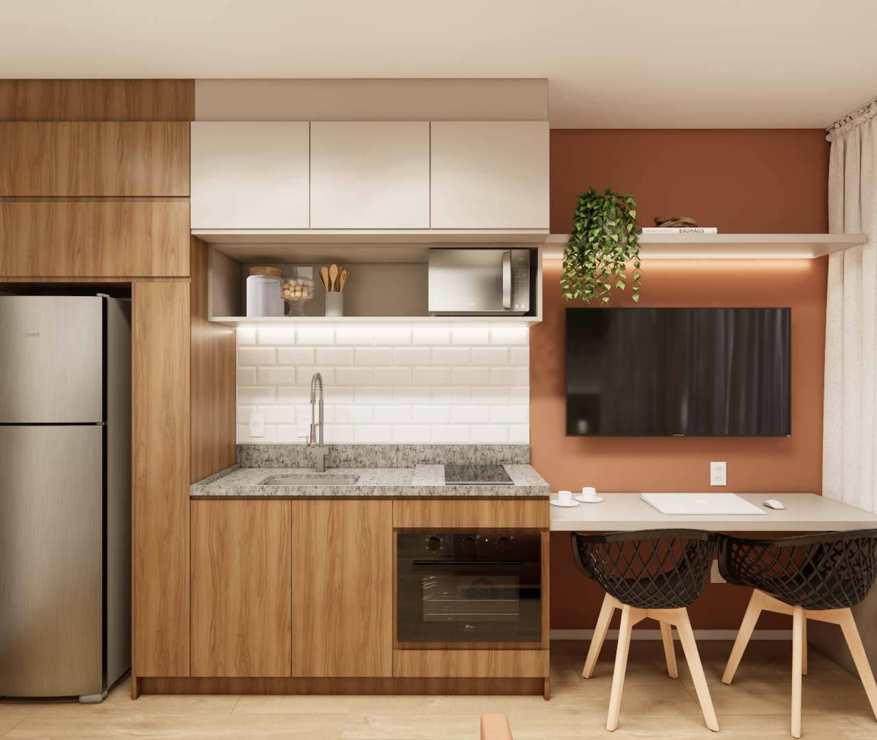 Render 3D de cozinha compacta no projeto Vital Home, marcenaria em madeira e bege, parede terracota e iluminação linear