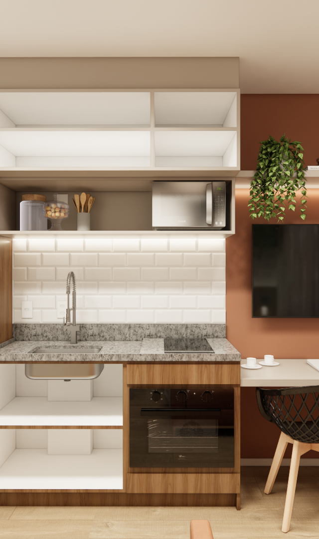 Render 3D de cozinha compacta, marcenaria em madeira e branco, parede terracota, bancada de granito e iluminação embutida