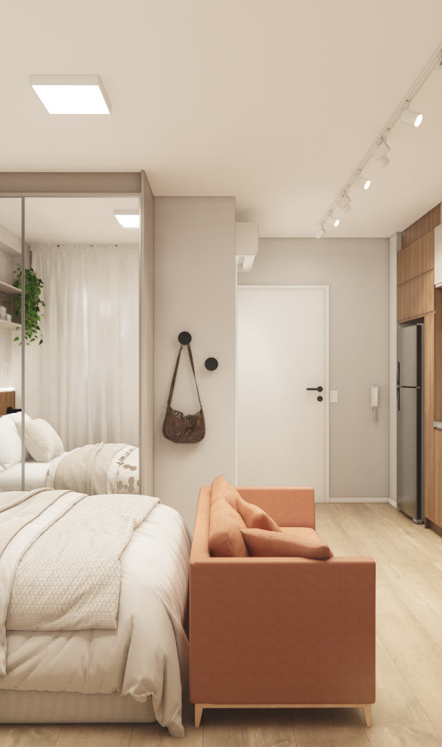 Render 3D de estúdio no projeto Vital Home com cama, sofá terracota, cozinha planejada em madeira e iluminação quente