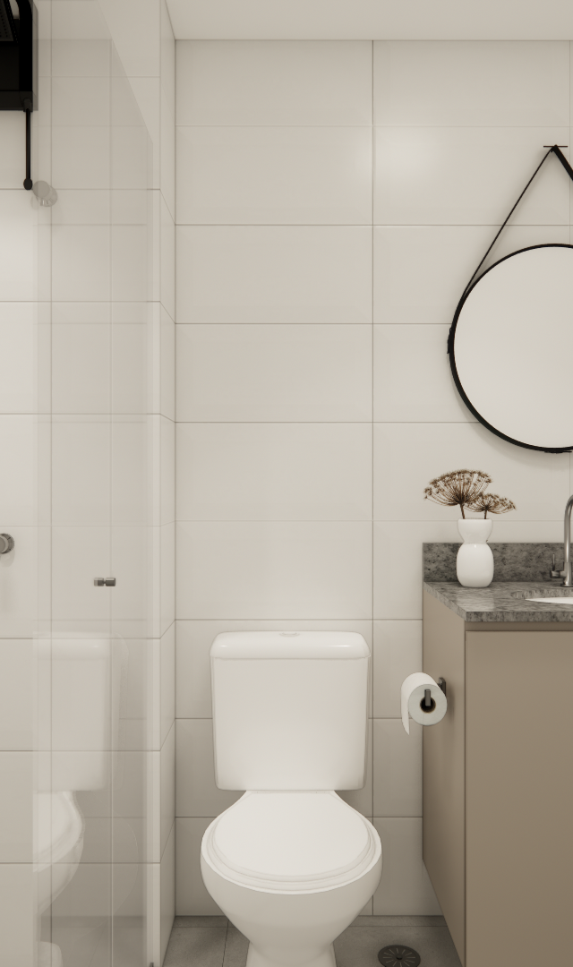 Render 3D de banheiro moderno no Butantã com revestimento branco, bancada em granito cinza, espelho redondo e marcenaria