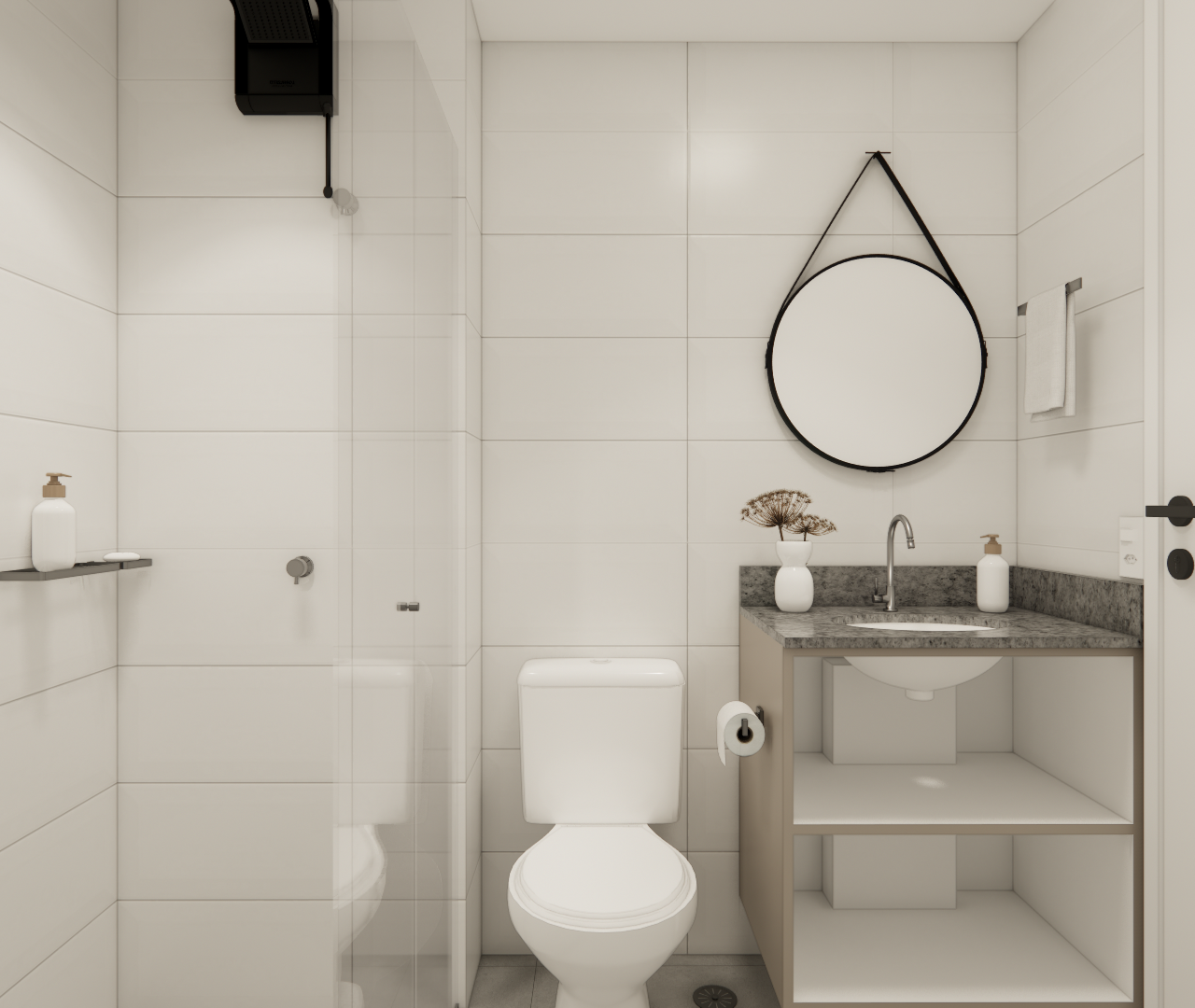 Render 3D de banheiro moderno no projeto EJ Vital Home, com revestimento branco, bancada em granito cinza e espelho preto
