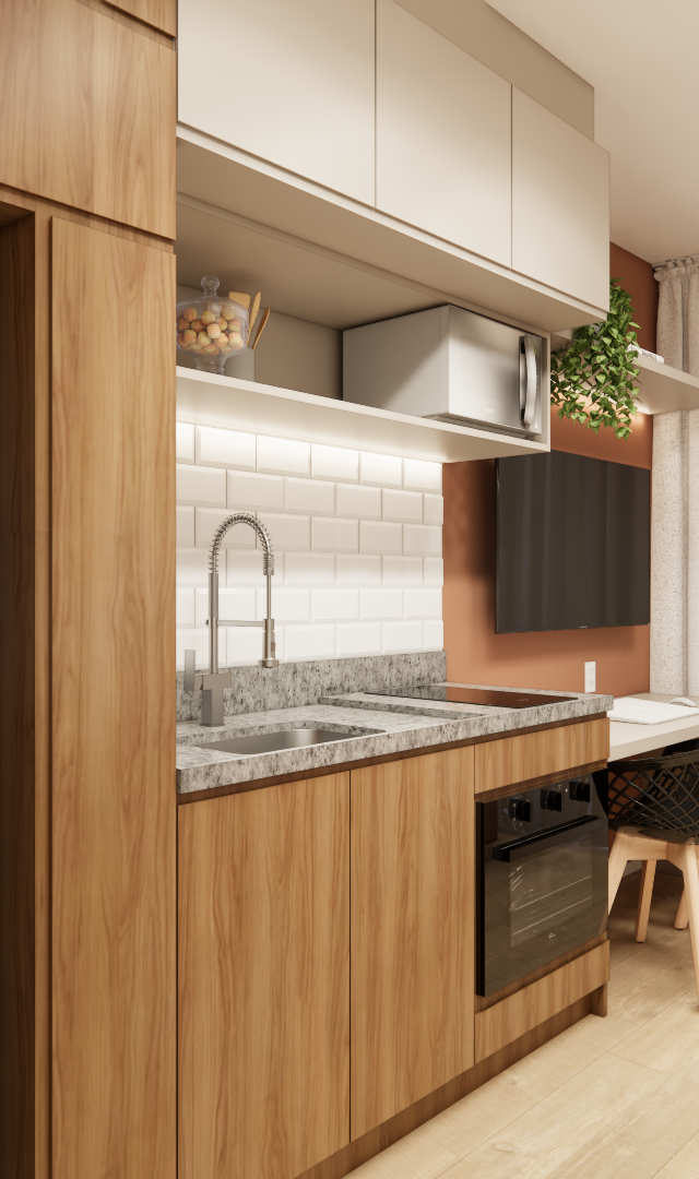 Render 3D de cozinha compacta no Butantã com marcenaria amadeirada, bancada de granito, subway tile e sofá terracota