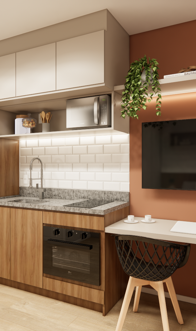 Render 3D de cozinha compacta com marcenaria amadeirada, parede terracota, bancada clara, eletrodomésticos e mesa integrada